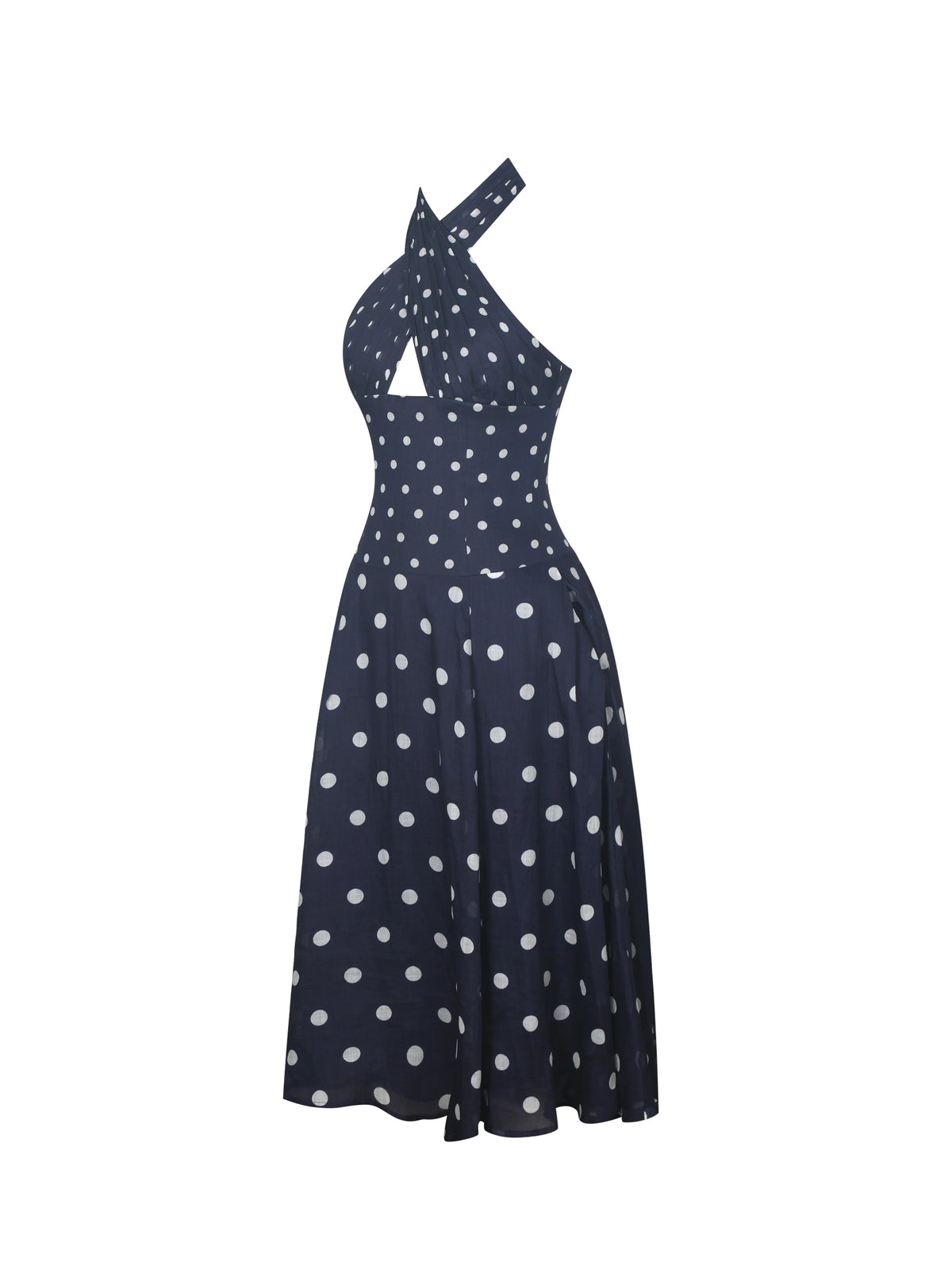 Nuri Navy Polka Dot Ramie Crossover Halter A Line Midi Dress