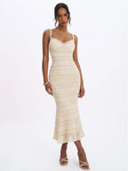 Xiomara Beige Gold Stripe Crochet Knit Mermaid Midi Dress