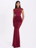 Fabienne Burgundy Mesh Cap Sleeve Mermaid Gown