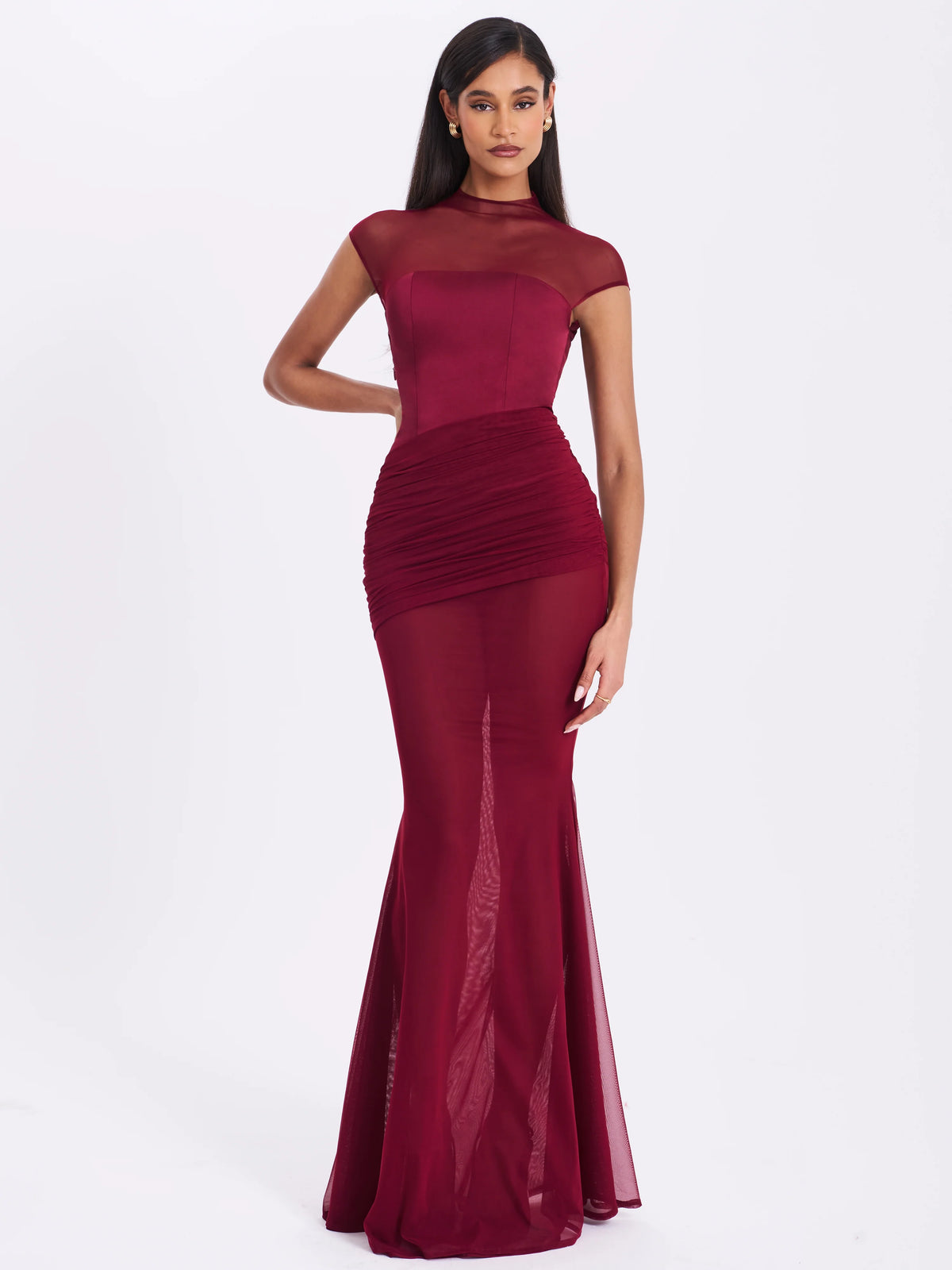 Fabienne Burgundy Mesh Cap Sleeve Mermaid Gown