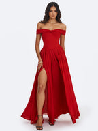 Tereza Crimson Georgette Bardot High Slit Maxi Dress