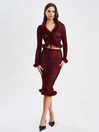 Hali Burgundy Animal Print Burnout Velvet Fur Trim Top