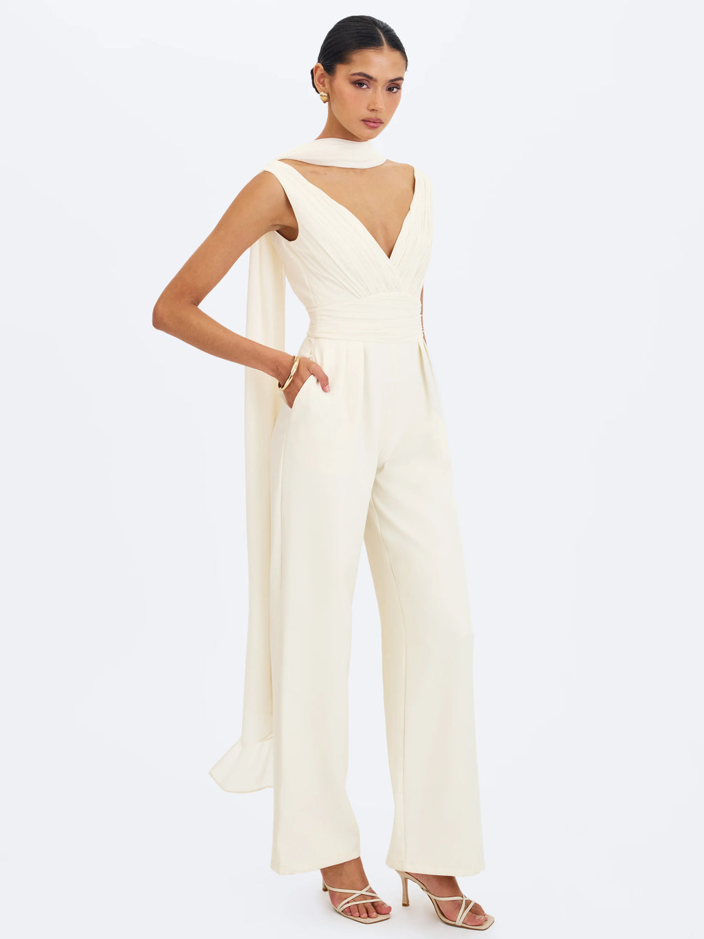 Harper Ivory Ruched V Neck Jumpsuit with Scarf