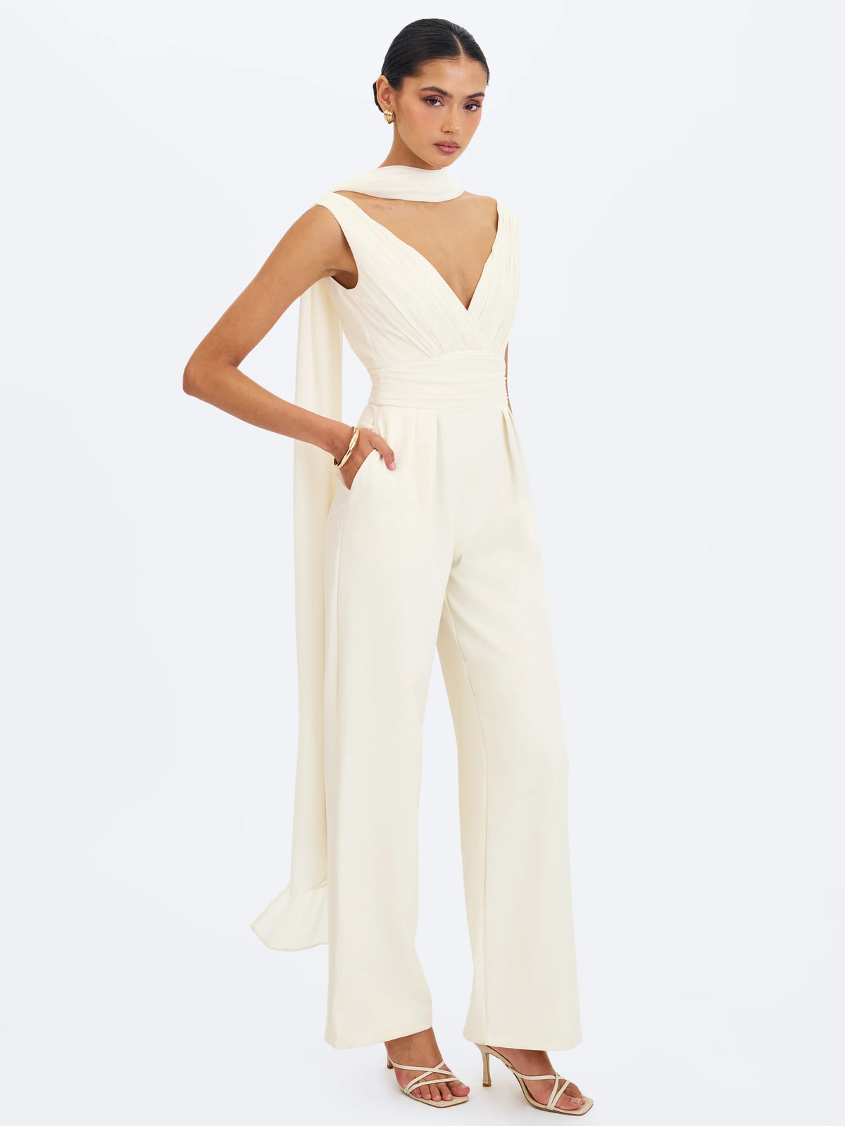 Harper Ivory Ruched V Neck Jumpsuit with Scarf