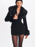 Hailee Black Single Breasted Wool Blend Mini Coat with Removable Fur Lapel