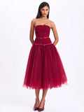 Mabel Burgundy Drop Waist Layered Mesh Midi Puffy Dress with Bow