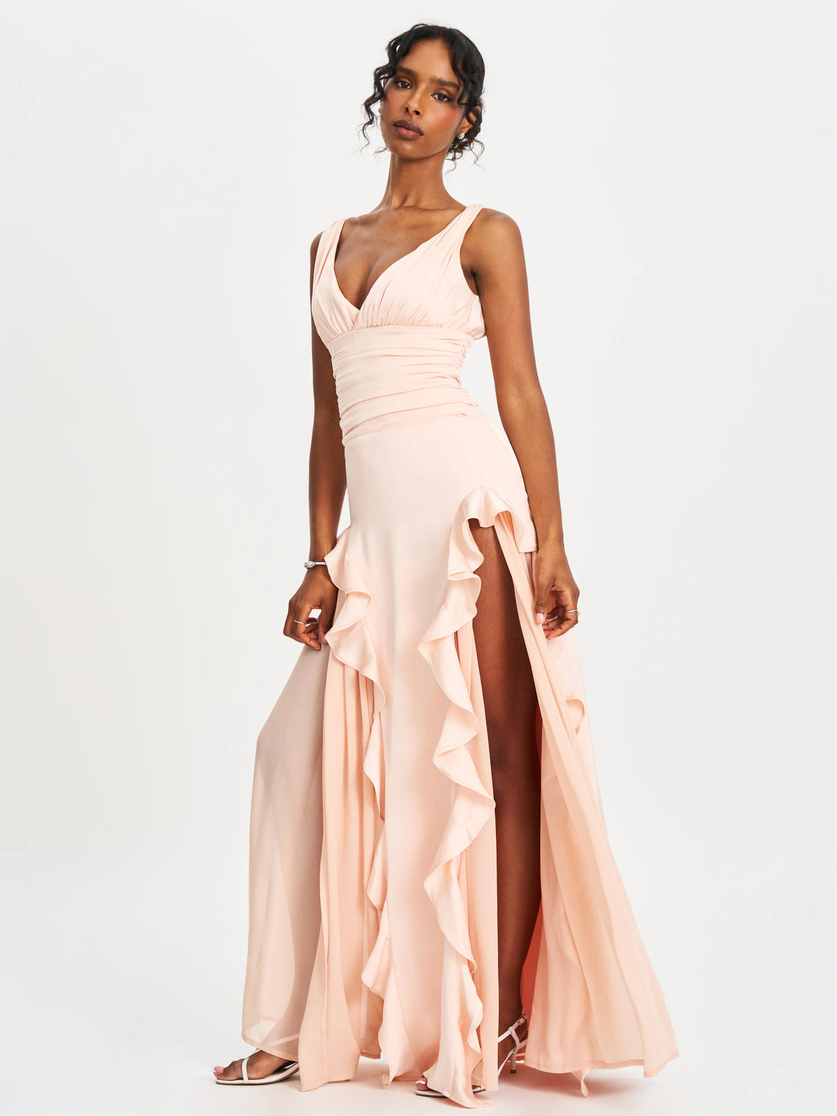 Talyssa Baby Pink Ruched Waist Double High Slit Maxi Gown Archive Sale
