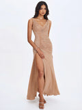 Viveca Apricot Crystal Embellished Asymmetrical Ruched Maxi Dress