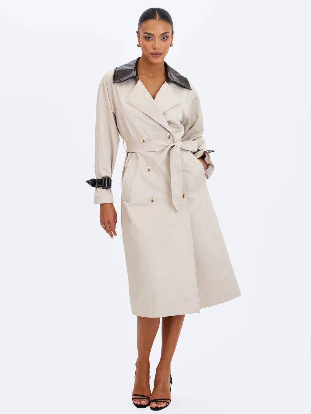 Umber Oyster Double Breasted Faux Leather Lapel Trench Coat