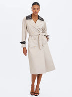 Umber Oyster Double Breasted Faux Leather Lapel Trench Coat