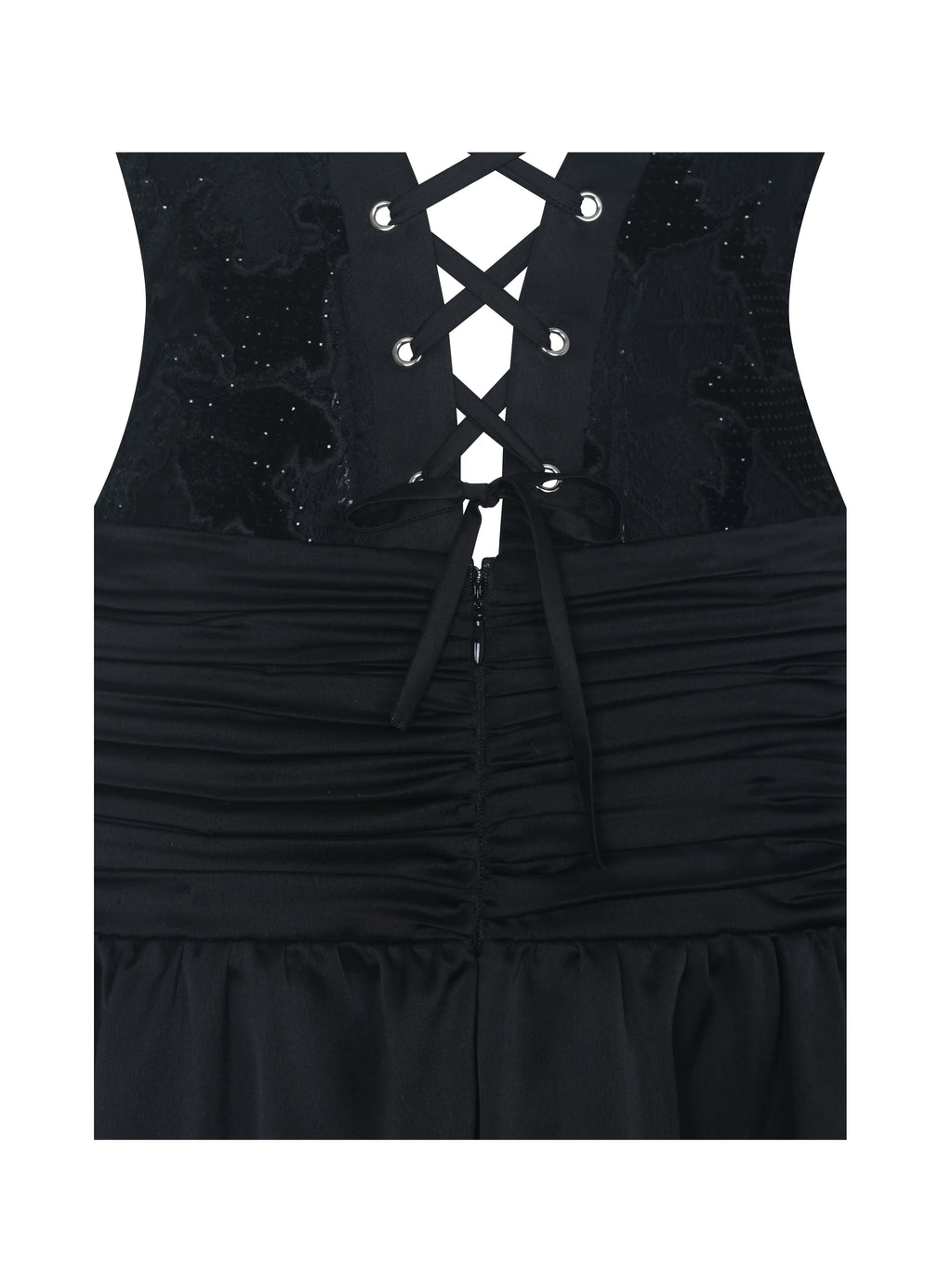 Yoseline Black Velvet Lace Cutout Asymmetrical Satin Midi Dress