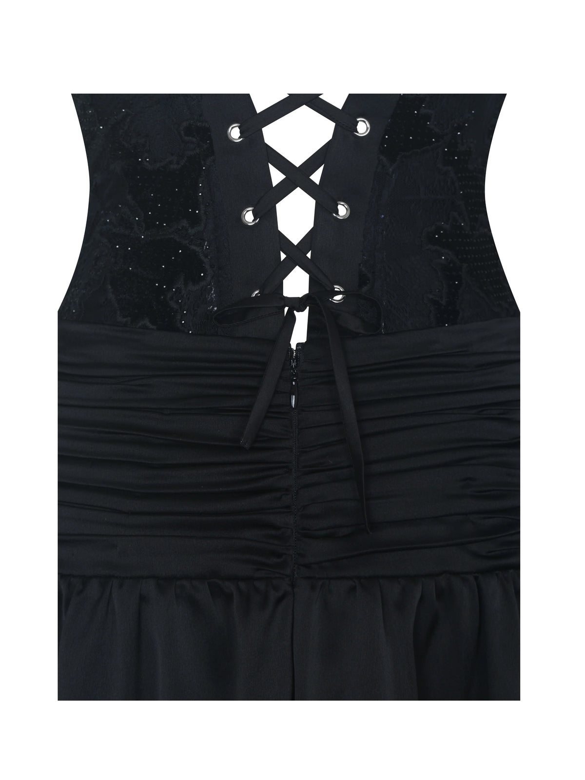 Yoseline Black Velvet Lace Cutout Asymmetrical Satin Midi Dress