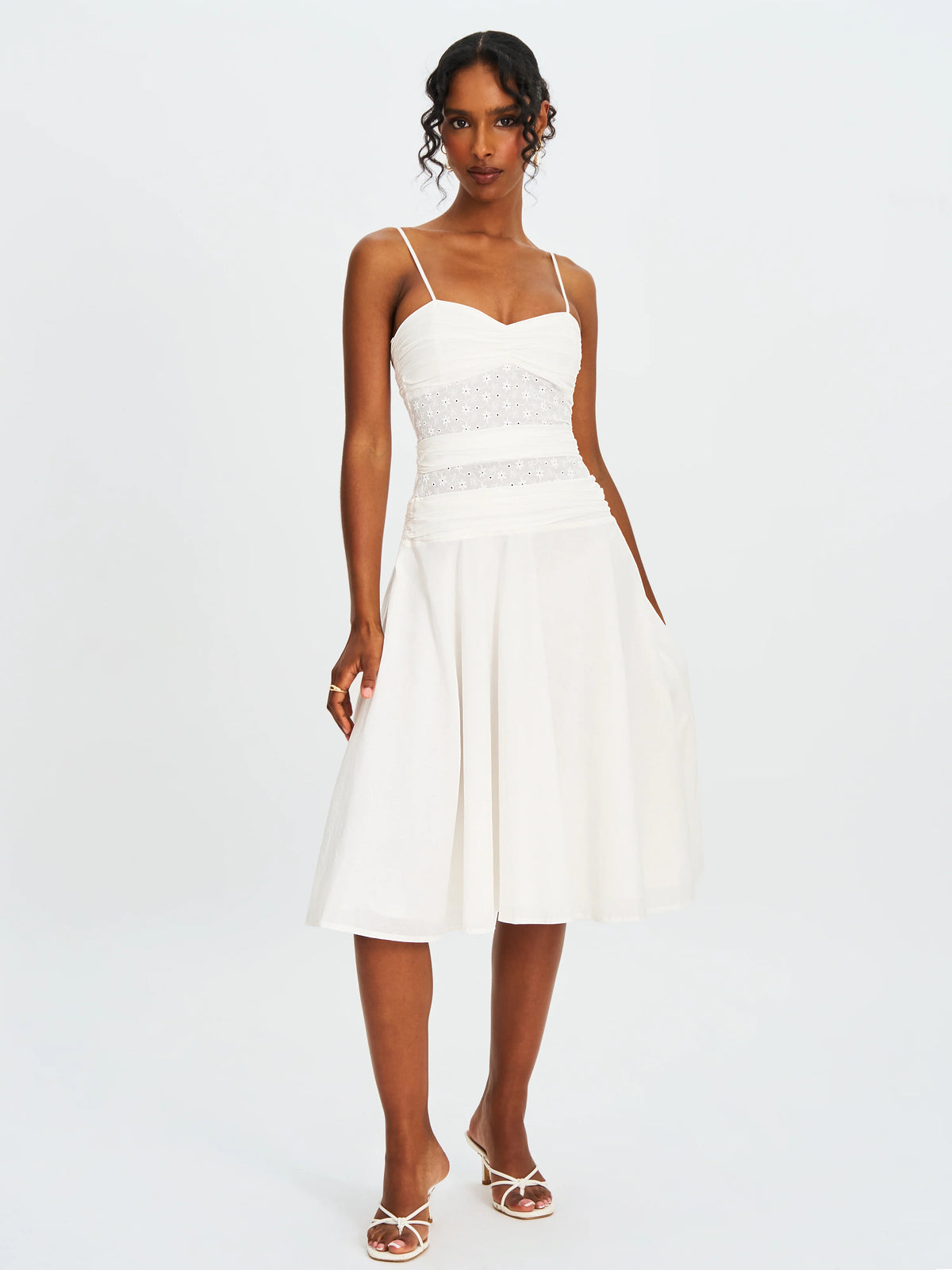Maelis White Cotton Eyelet Drop Waist Midi Dress