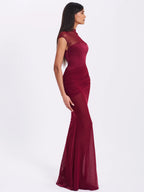 Fabienne Burgundy Mesh Cap Sleeve Mermaid Gown