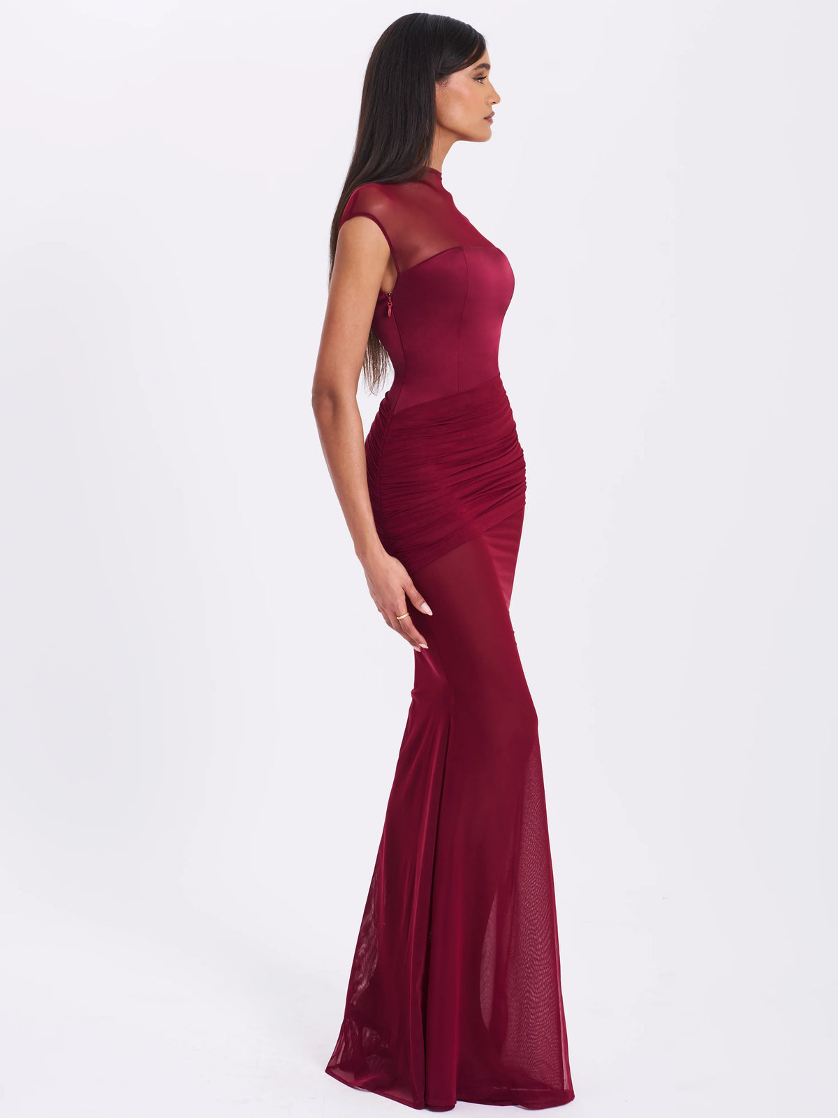 Fabienne Burgundy Mesh Cap Sleeve Mermaid Gown