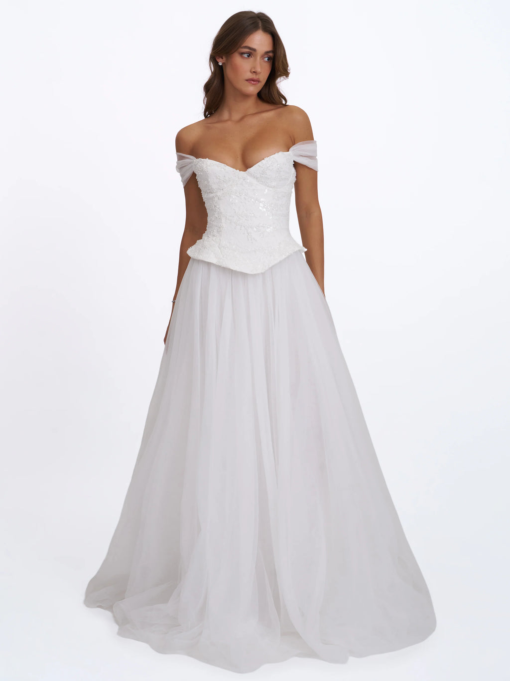 Jianna White Beaded Peplum Bardot Neckline Wedding Gown