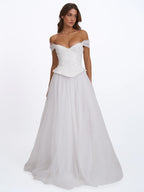 Jianna White Beaded Peplum Bardot Neckline Wedding Gown
