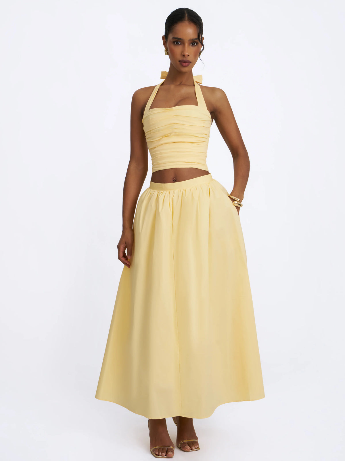 Wina Lemon Yellow Cotton Poplin Low Waisted Maxi Skirt