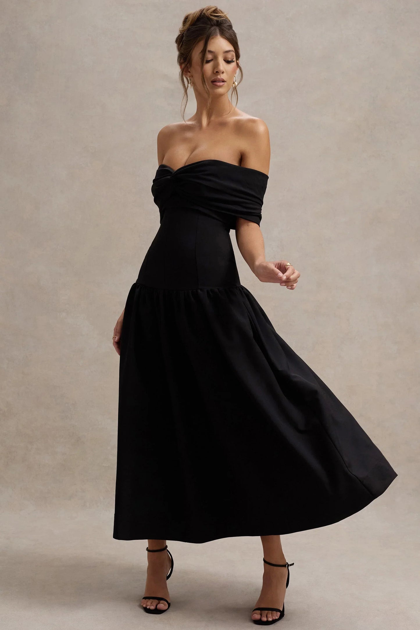 Marguerite Black Twisted Bardot Drop Waist Maxi Dress
