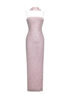 Raizel Pink Beaded Sequin Bodycon Gown with Scarf