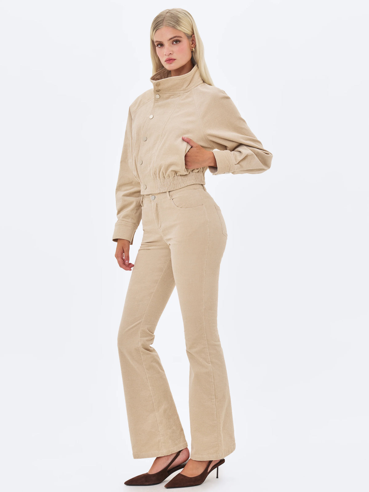 Romille Beige Cotton Corduroy Low Rise Boot Cut Pants