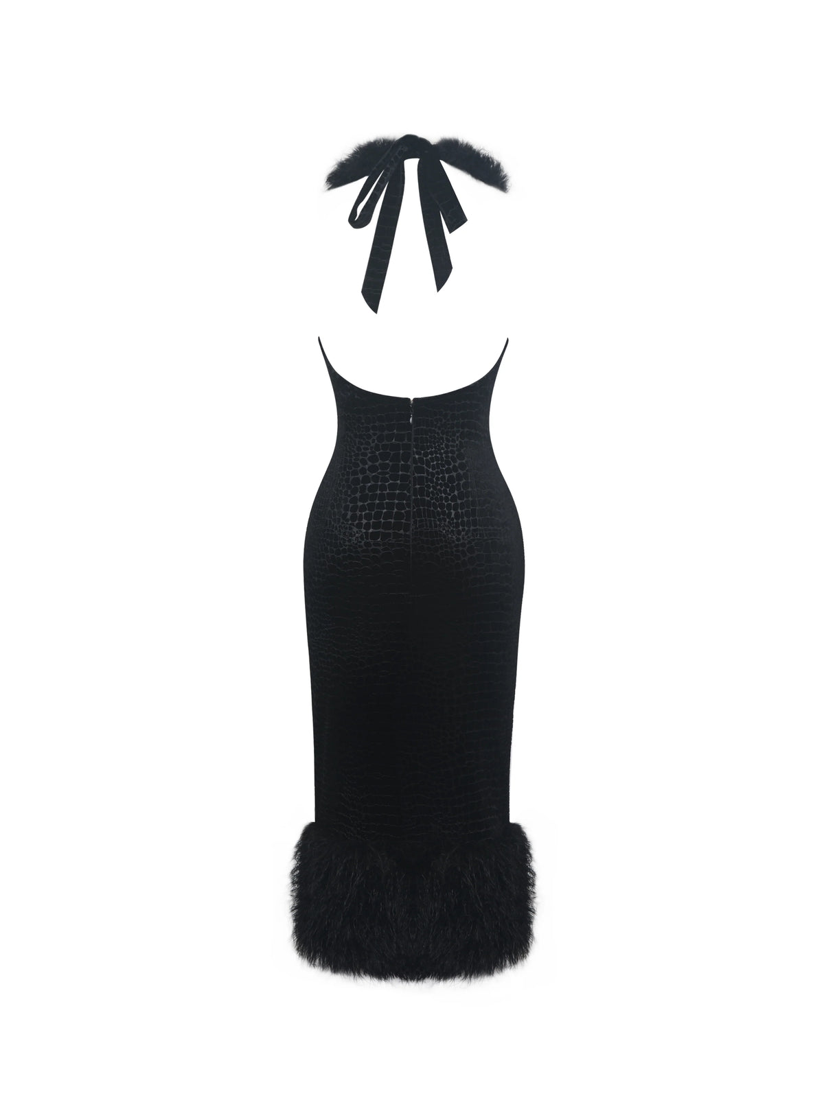 Onalee Black Croc Embossed Velvet Fur Midi Dress