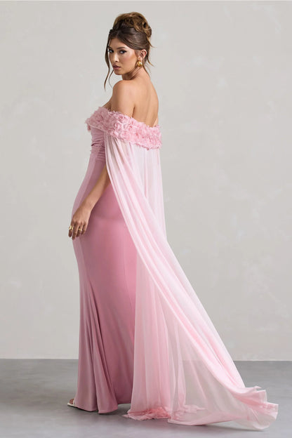 Avant Garde Blush Pink Floral Bardot Fishtail Maxi Dress With Mesh Cape