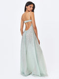 Wallie Mint Rhinestone Embellished Mesh Backless Gown