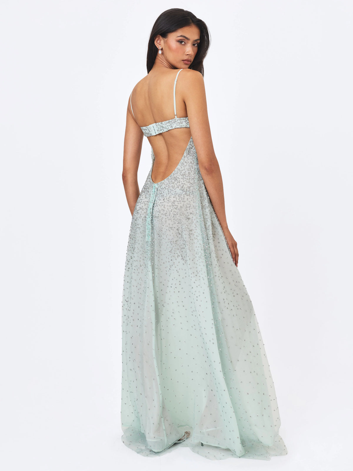Wallie Mint Rhinestone Embellished Mesh Backless Gown