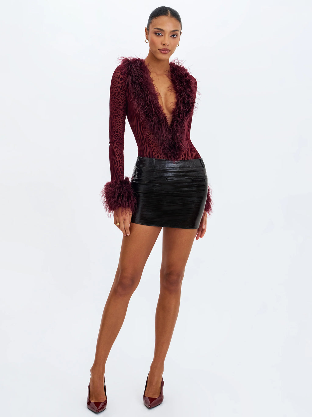 Valene Burgundy Burnout Velvet Fur Trim Bodysuit