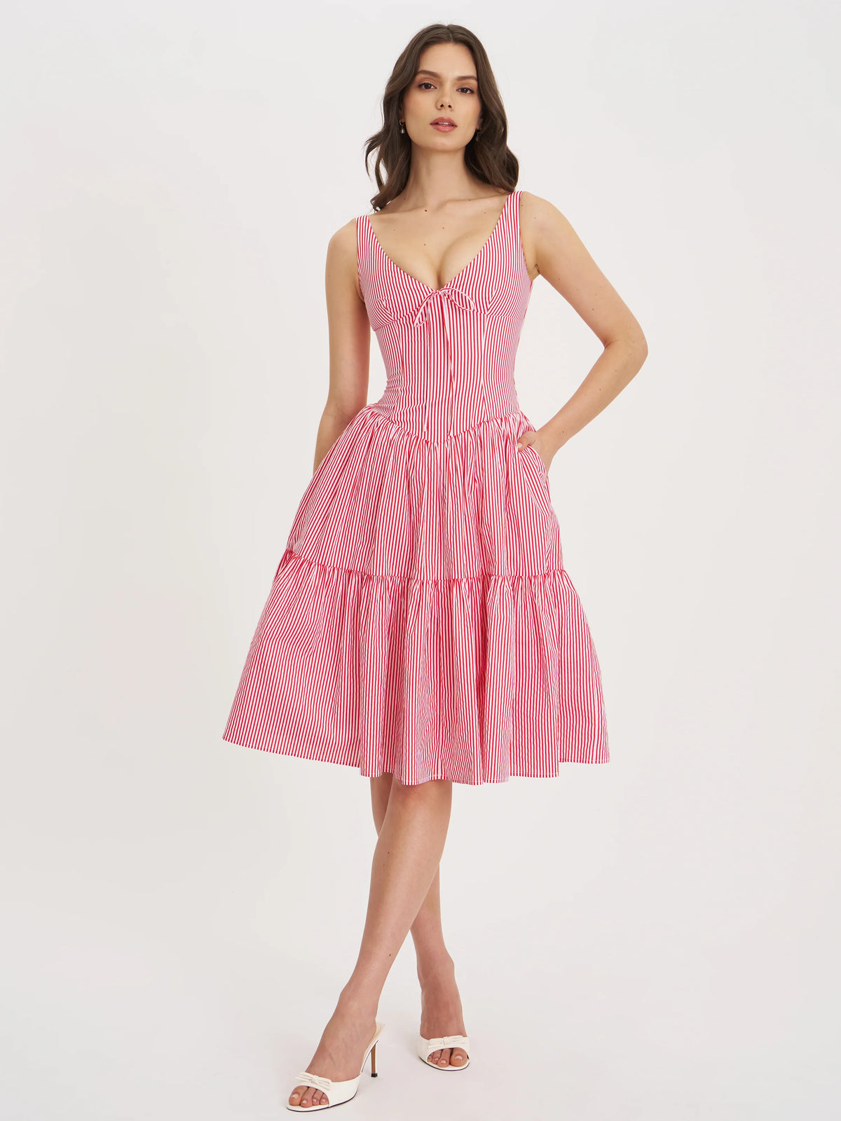 Oceana Red Cotton Stripe Drop Waist Midi Dress
