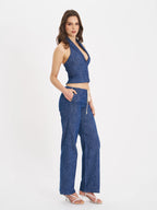 Rafaella Navy Cotton Denim Halter Lapel Top Archive Sale