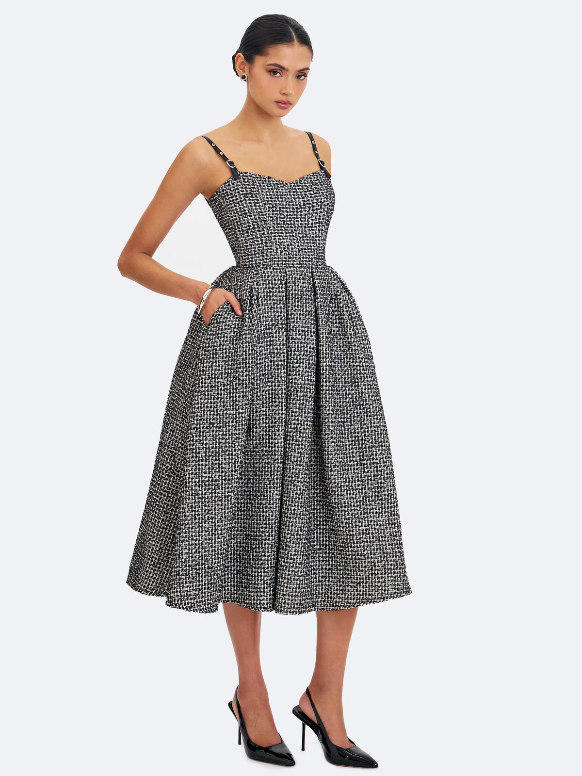 Katalina Black White Tweed Backless Midi Dress