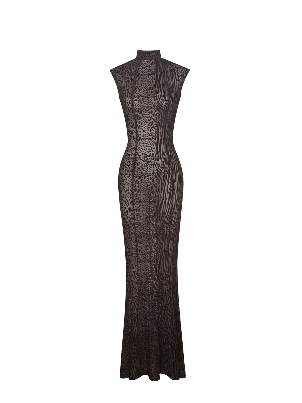 Tyanna Mocha Burnout Velvet Mesh Backless Mermaid Maxi Dress