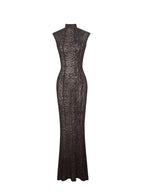 Tyanna Mocha Burnout Velvet Mesh Backless Mermaid Maxi Dress