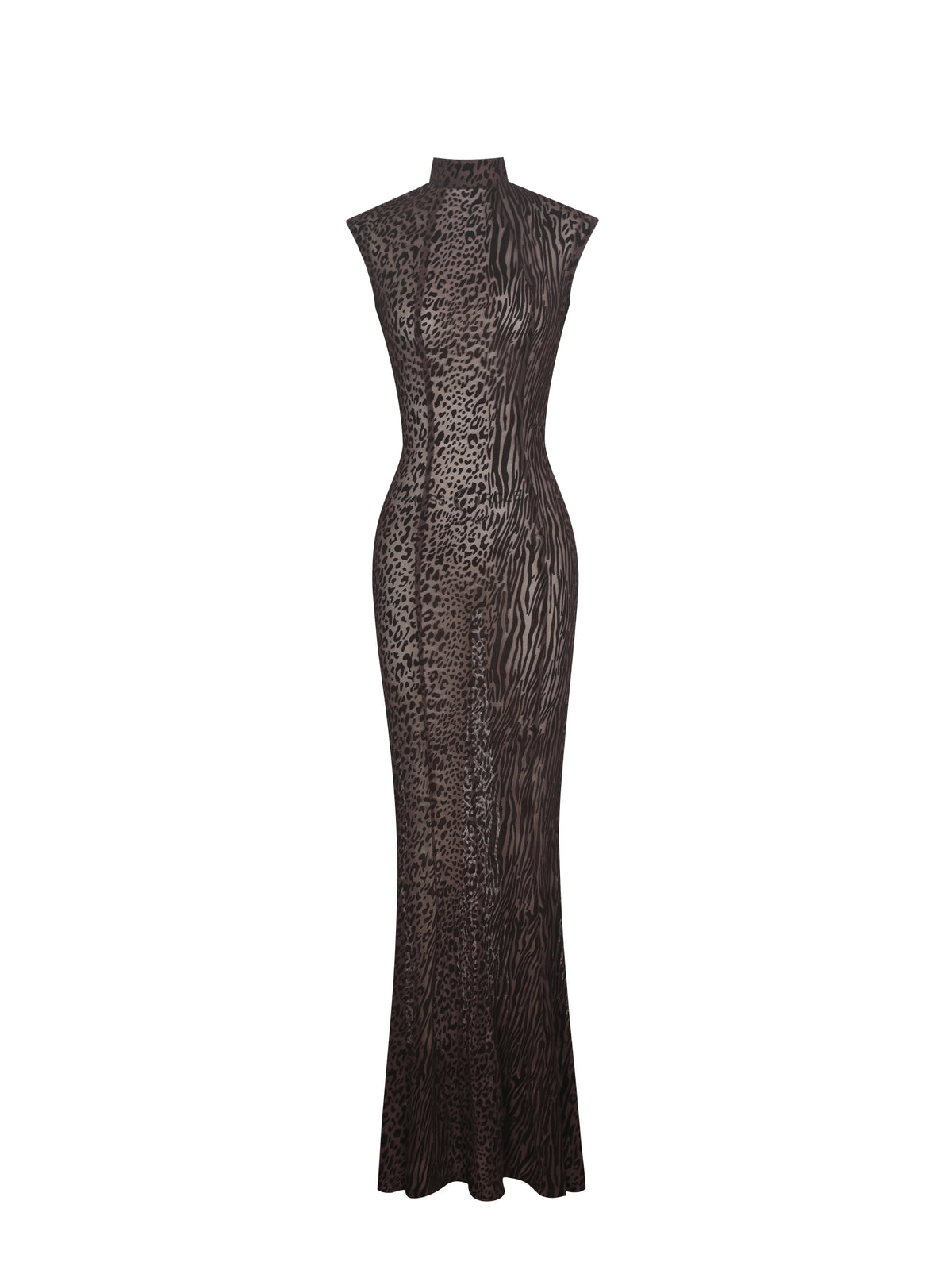 Tyanna Mocha Burnout Velvet Mesh Backless Mermaid Maxi Dress