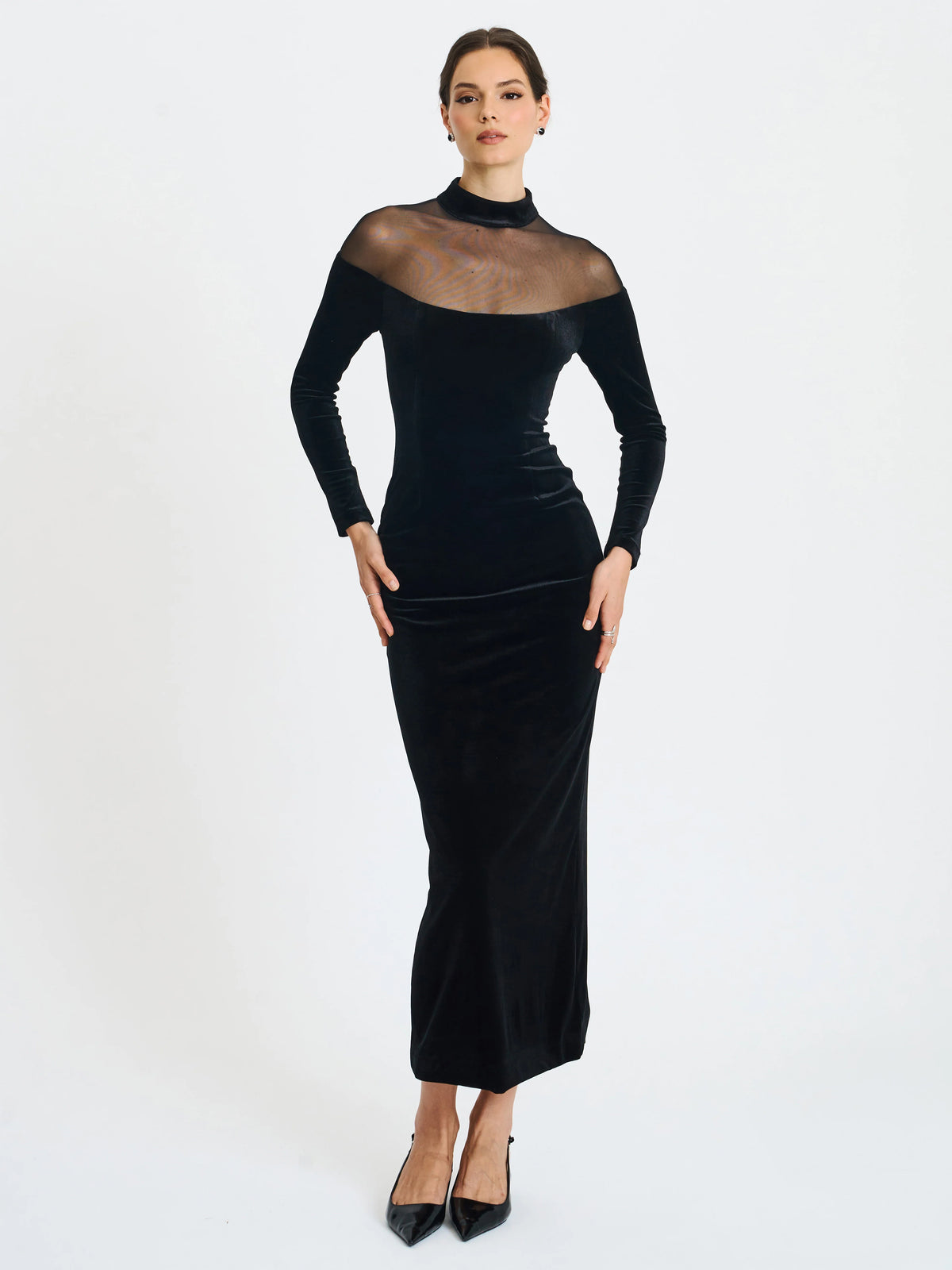 Blair Black Sheer Mock Neck Maxi Dress