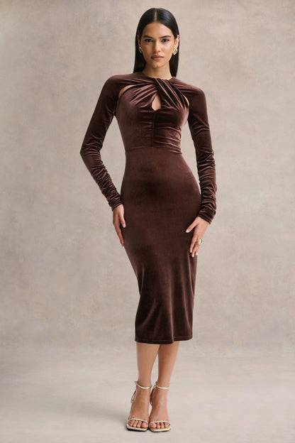 Francine Brown Velvet Round Neck Midi Dress With Cut Out Details