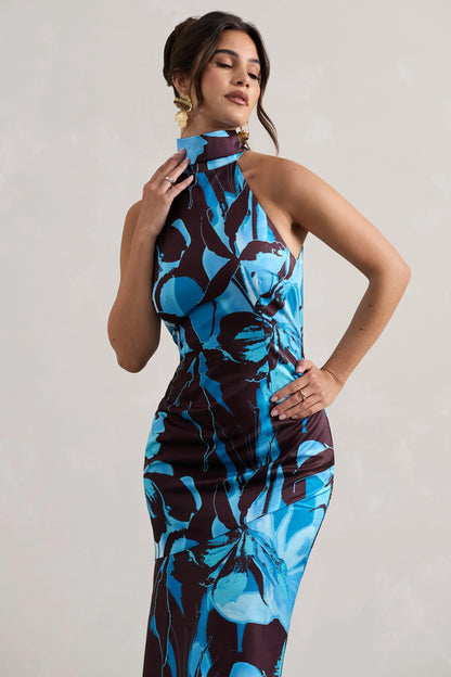 Adoria Floral Print Satin High Neck Maxi Dress