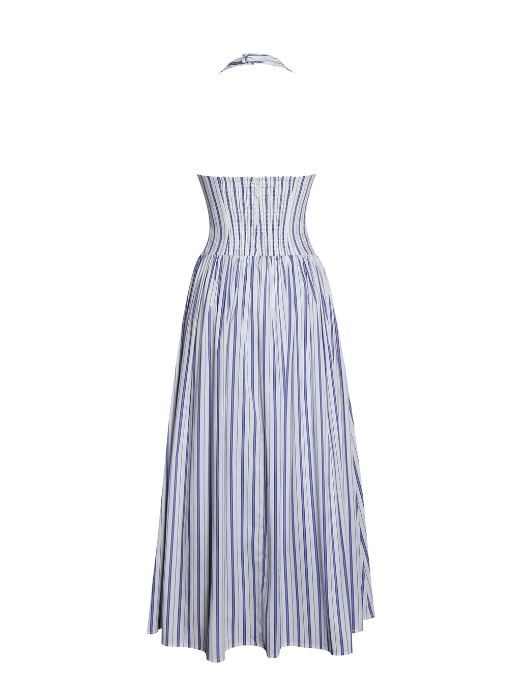 Mackenna Navy Cotton Stripe Halter Smock Back Maxi Dress