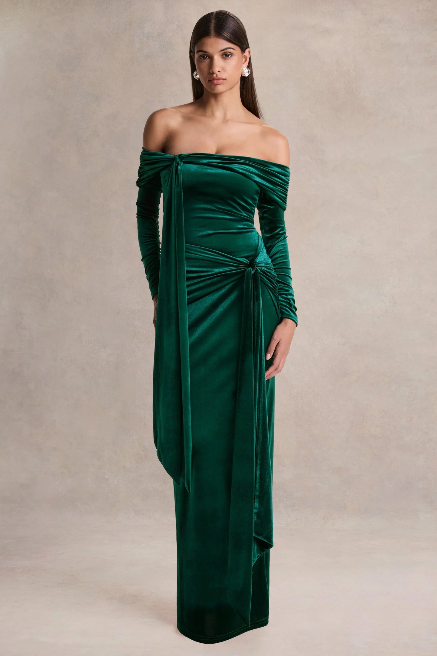 Jessara Bottle Green Bardot Neck Maxi Dress With Knot Details
