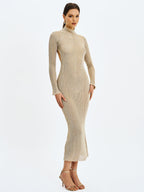 Shay Gold Stretch Knit Backless Long Sleeve Maxi Dress