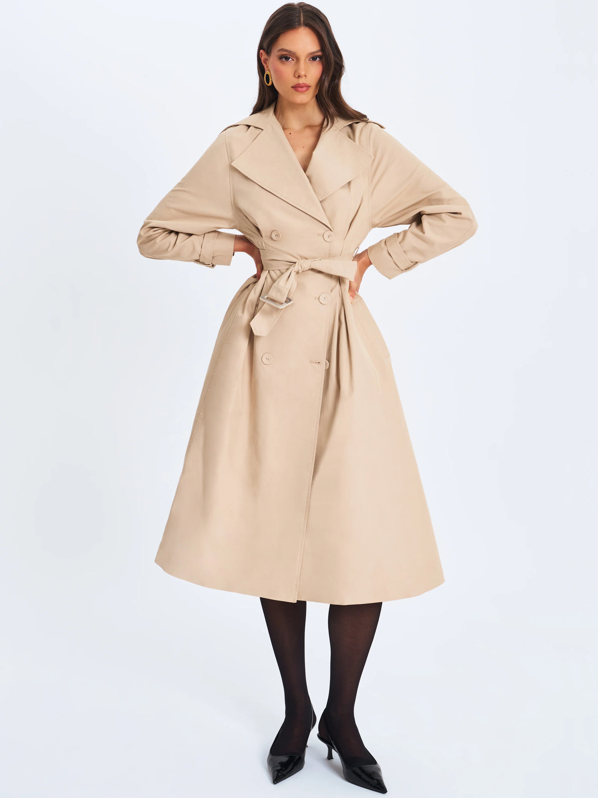 Ulila Beige Double Breasted Pleated Cotton Blend Trench Coat