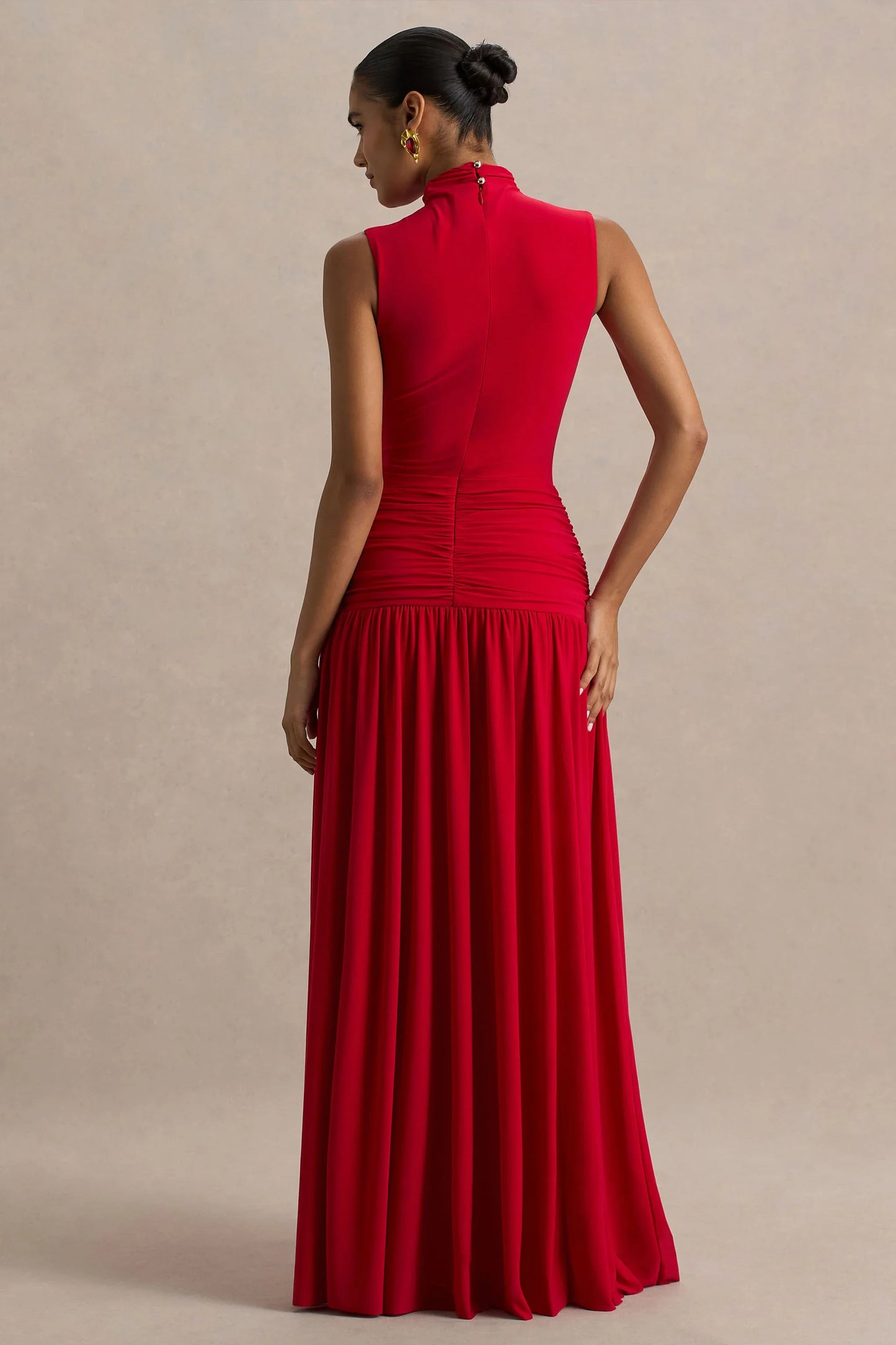Cascade Red High Neck Maxi Dress With Twist Detail