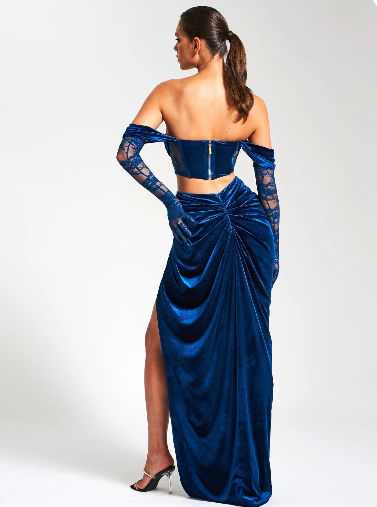 Quintessa Teal Lace Velvet Corset Off Shoulder Gown Archive Sale