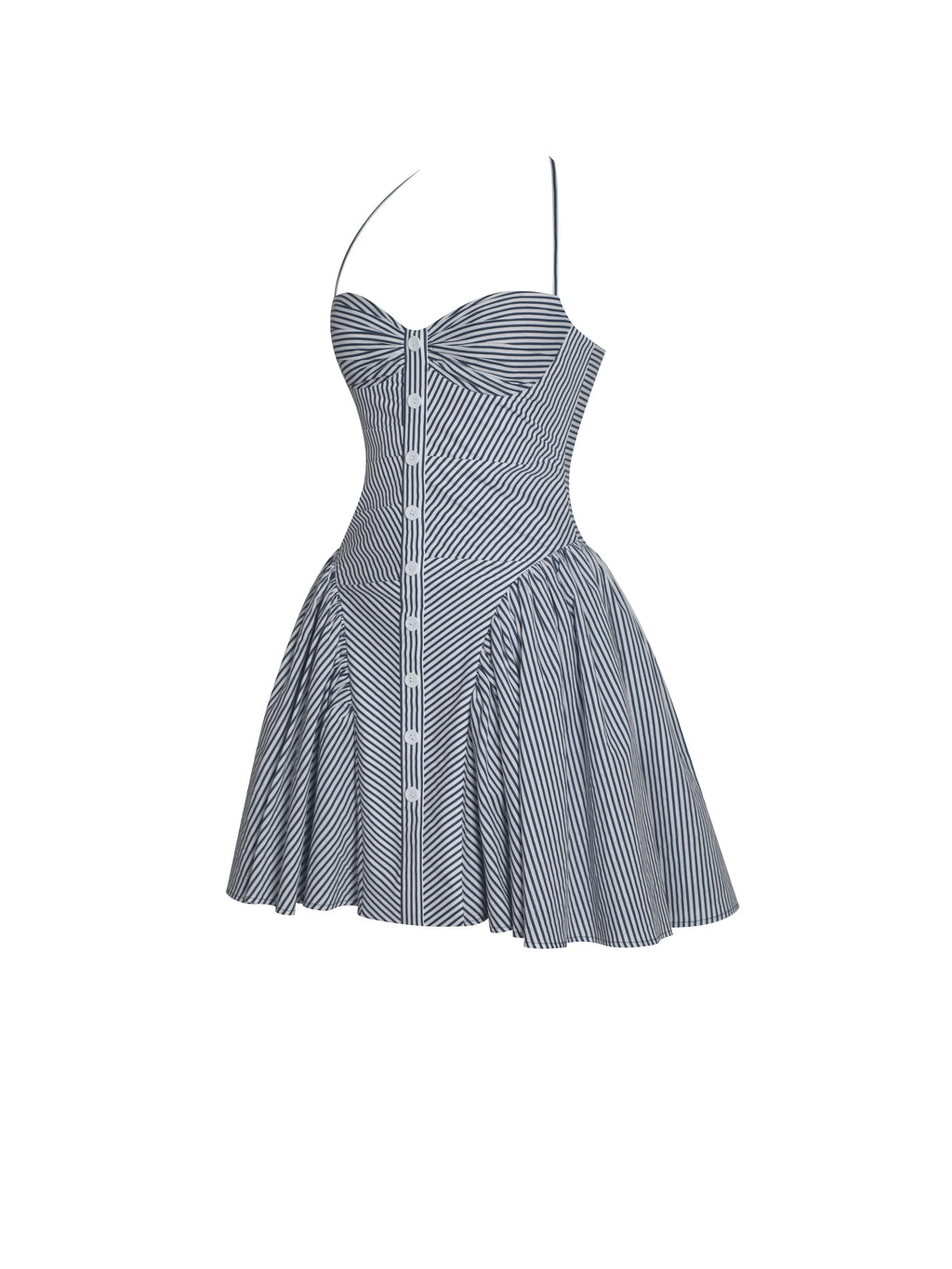 Melody Navy Blue Cotton Poplin Stripe Halter Drop Waist Mini Dress