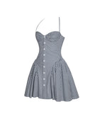 Melody Navy Blue Cotton Poplin Stripe Halter Drop Waist Mini Dress