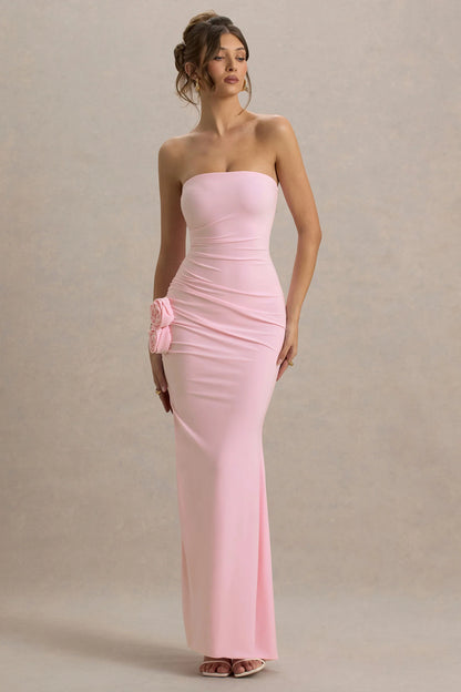 My Muse Pink Ruched Bandeau Split Maxi Dress With Flowers