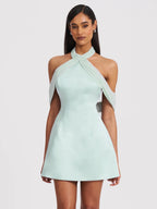 Zafrina Light Cyan Halter Off shoulder Backless Mini Dress