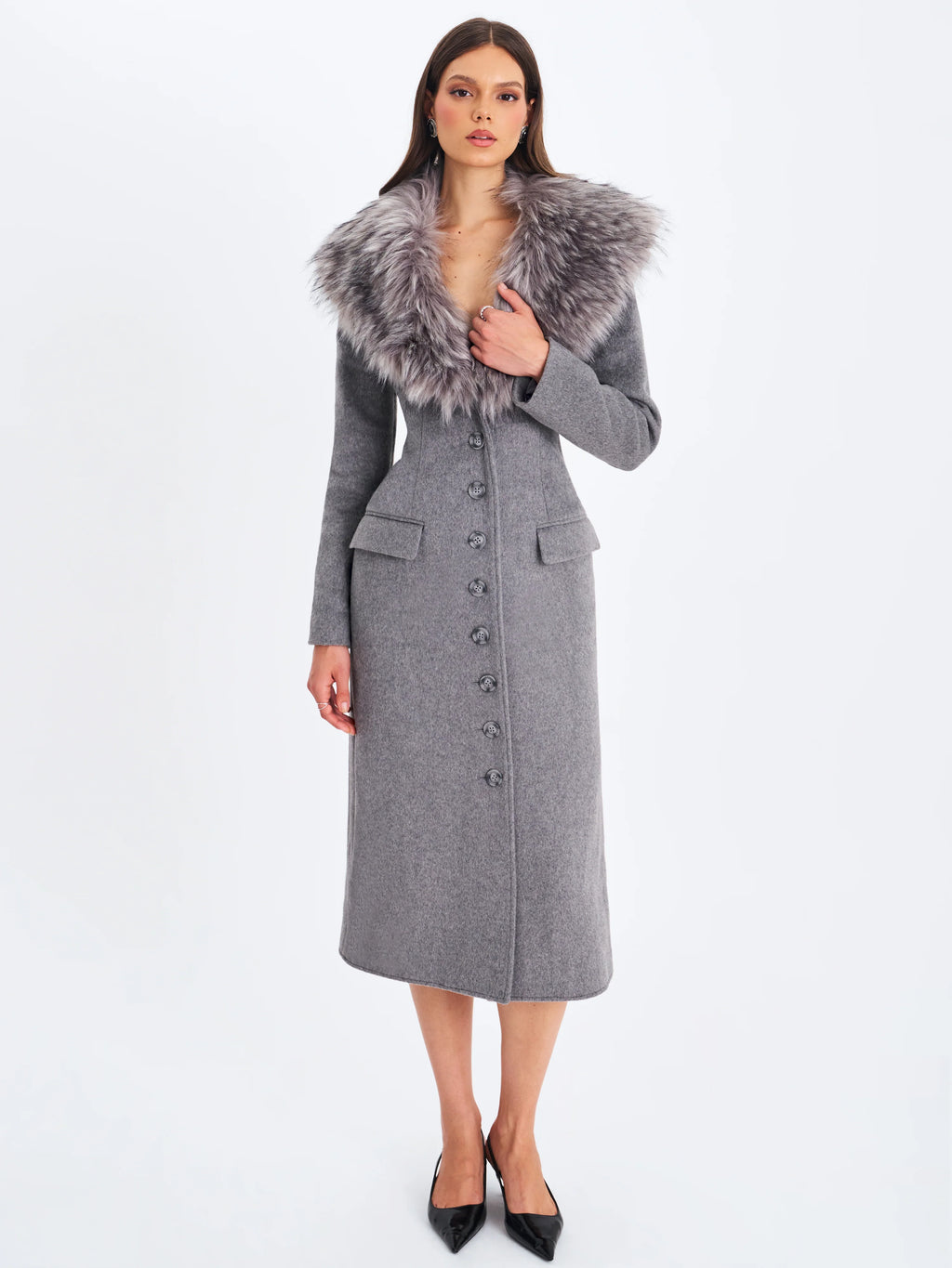 Faye Grey Wool Blend Single Breasted Coat with Removable Faux Fur Collar